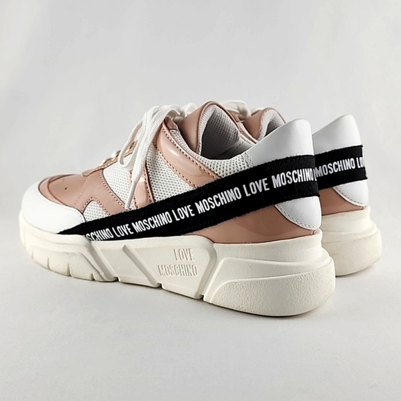 NWT LOVE MOSCHINO Women's Logo-Tape Mesh Salmon Leather Chunky Trainers Sz 8.5 - Picture 6 of 15